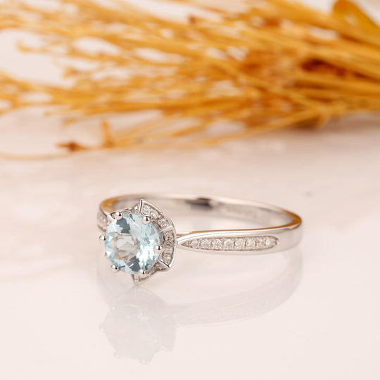 Round 1CT Aquamarine Ring, 14k White Gold Engagement Wedding Ring - Esdomera