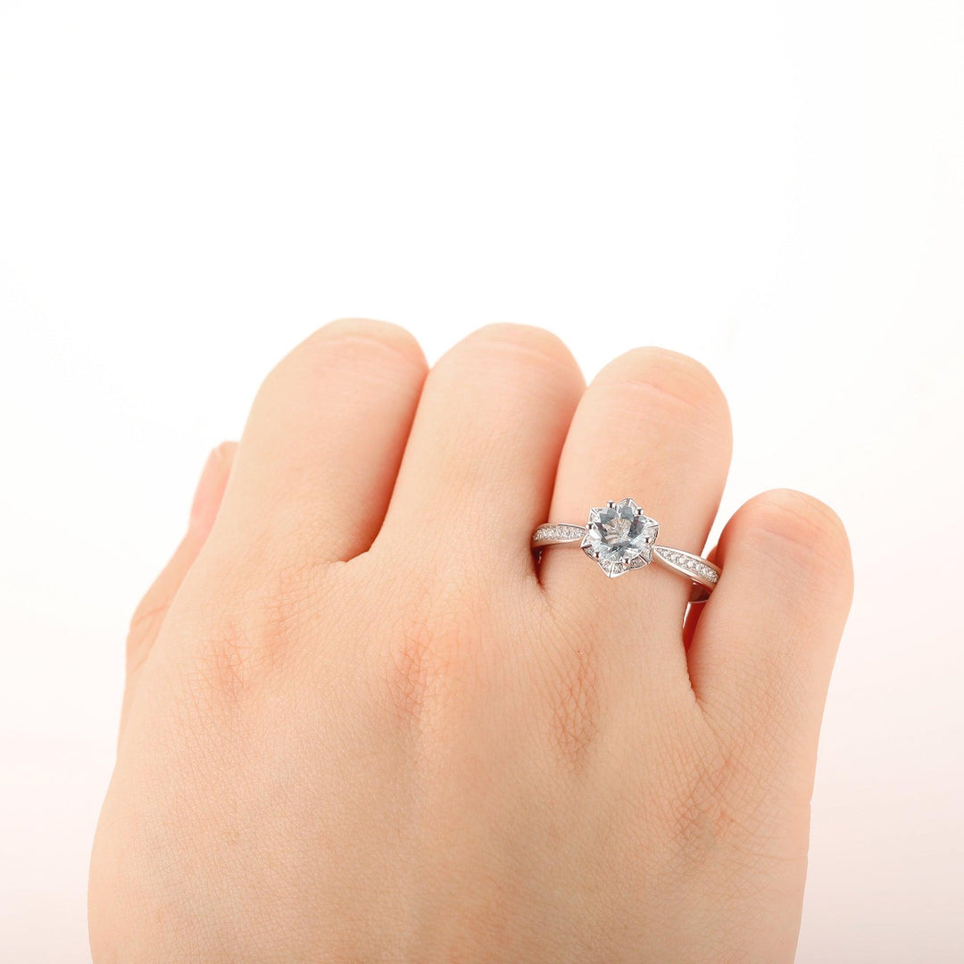 Round 1CT Aquamarine Ring, 14k White Gold Engagement Wedding Ring - Esdomera