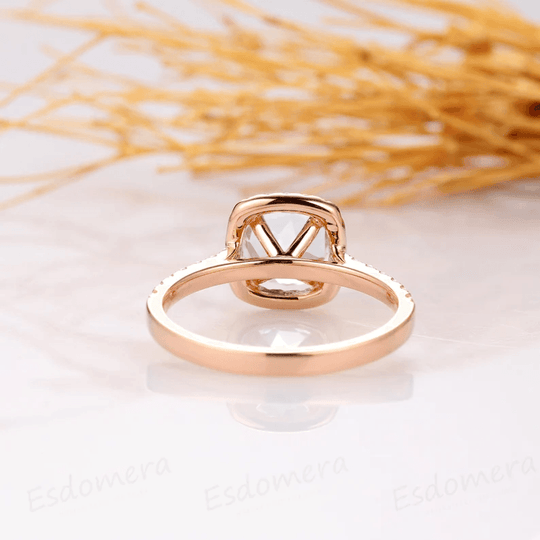 Round Cut 1.5CT Natural Aquamarine Ring, Halo Engagement Ring, 14K White Gold Anniversary Ring, Blue Stone Bridal Ring, Half Eternity Ring - Esdomera