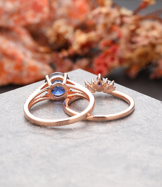 Round Cut 1.5CT Sapphire Bridal Ring Set, Art Deco Moissanite Engagement Ring, Split Shank Design - Esdomera