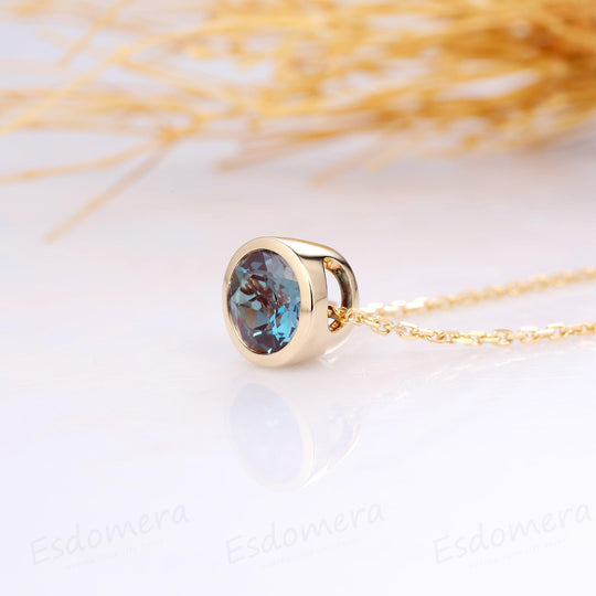 Round Cut 1CT Center Alexandrite Bezel Solitaire 14k Yellow Gold Pendants Necklace - Esdomera