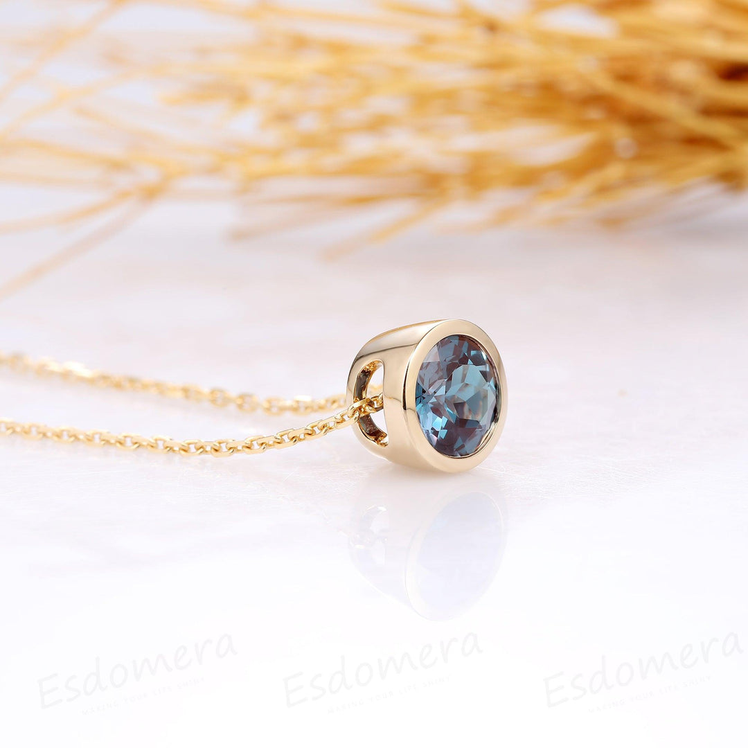 Round Cut 1CT Center Alexandrite Bezel Solitaire 14k Yellow Gold Pendants Necklace - Esdomera