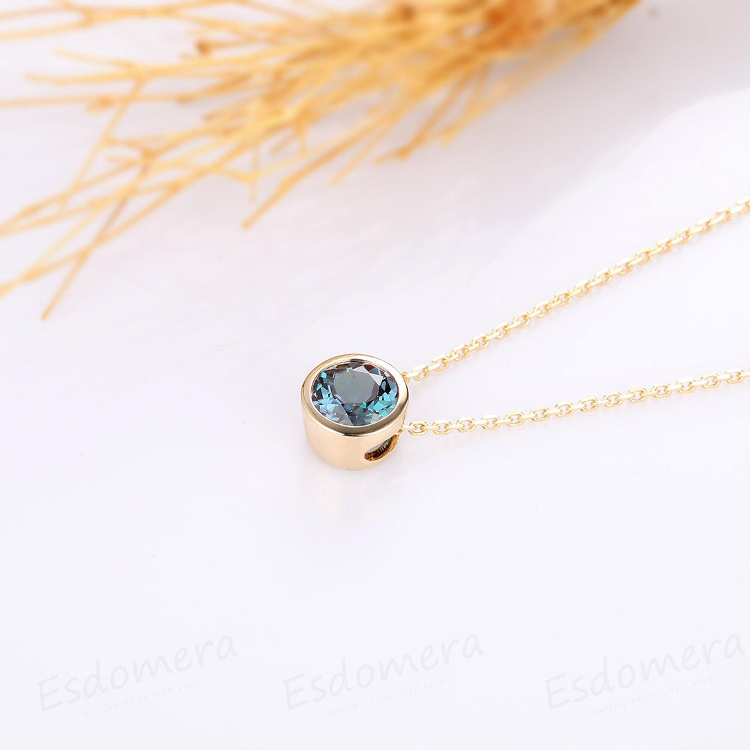 Round Cut 1CT Center Alexandrite Bezel Solitaire 14k Yellow Gold Pendants Necklace - Esdomera