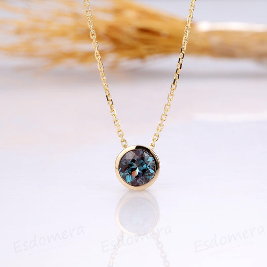 Round Cut 1CT Center Alexandrite Bezel Solitaire 14k Yellow Gold Pendants Necklace - Esdomera