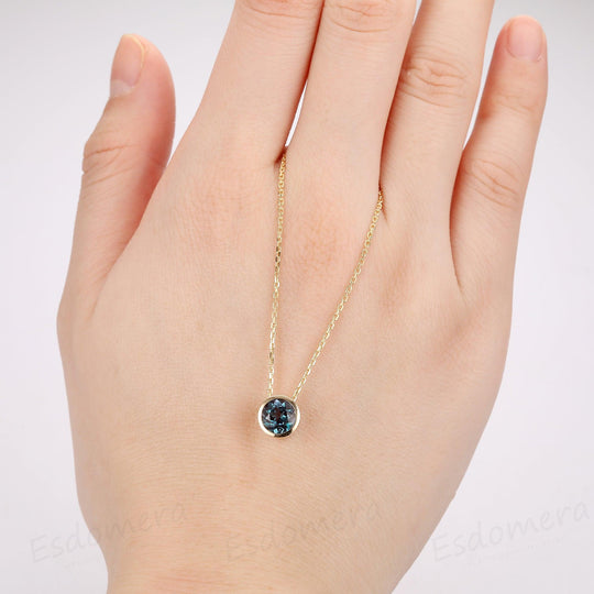 Round Cut 1CT Center Alexandrite Bezel Solitaire 14k Yellow Gold Pendants Necklace - Esdomera