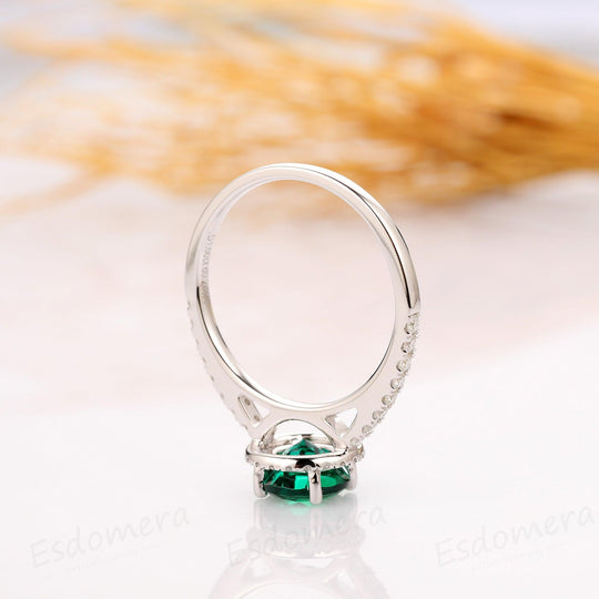 Round Cut 1CT Emerald Wedding Ring, Halo Pave Set Accent Ring, 14k White Gold Ring - Esdomera