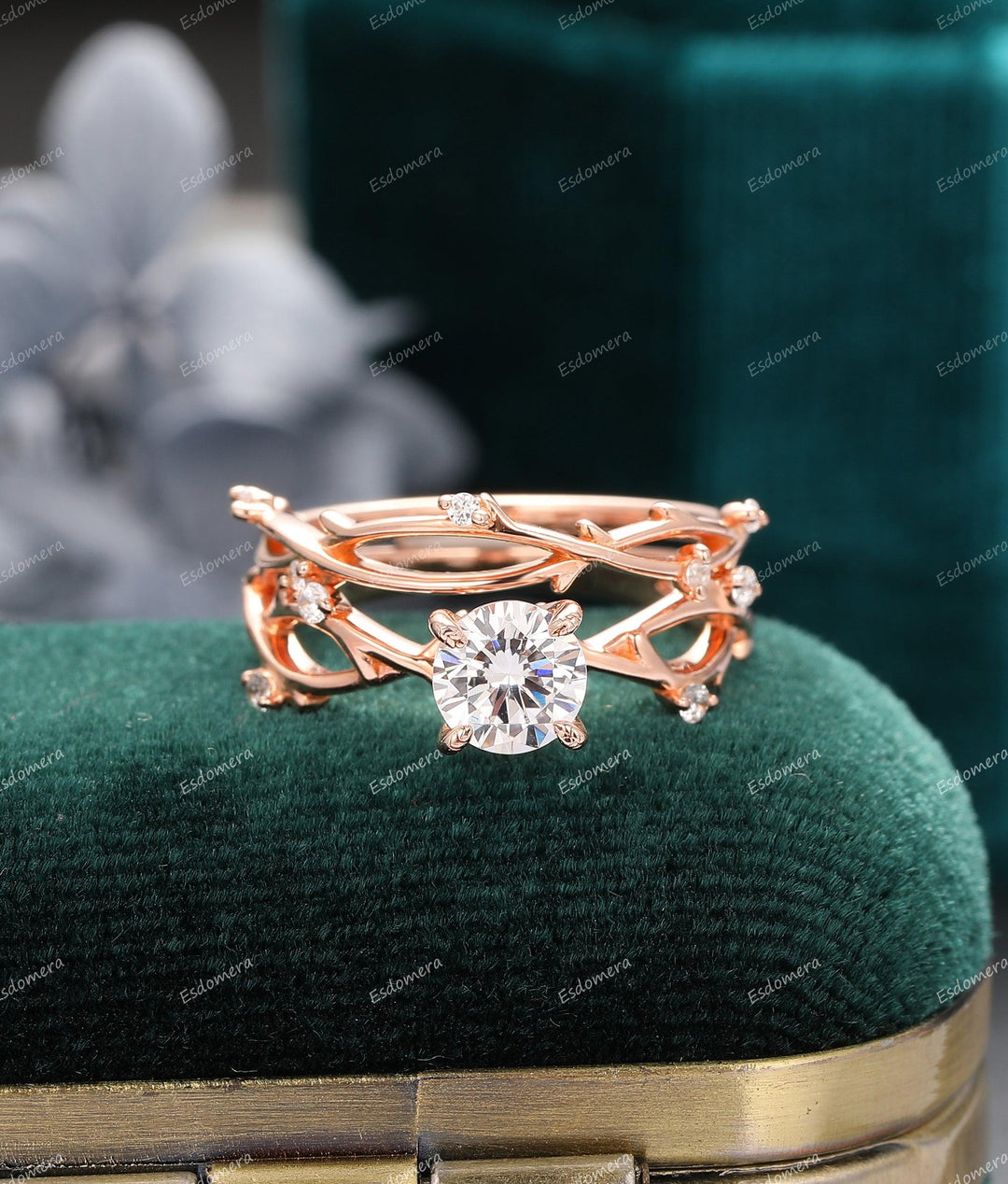 Round Cut 6mm Moissanite Engagement Ring Set Vintage Art Deco Branch Ring - Esdomera