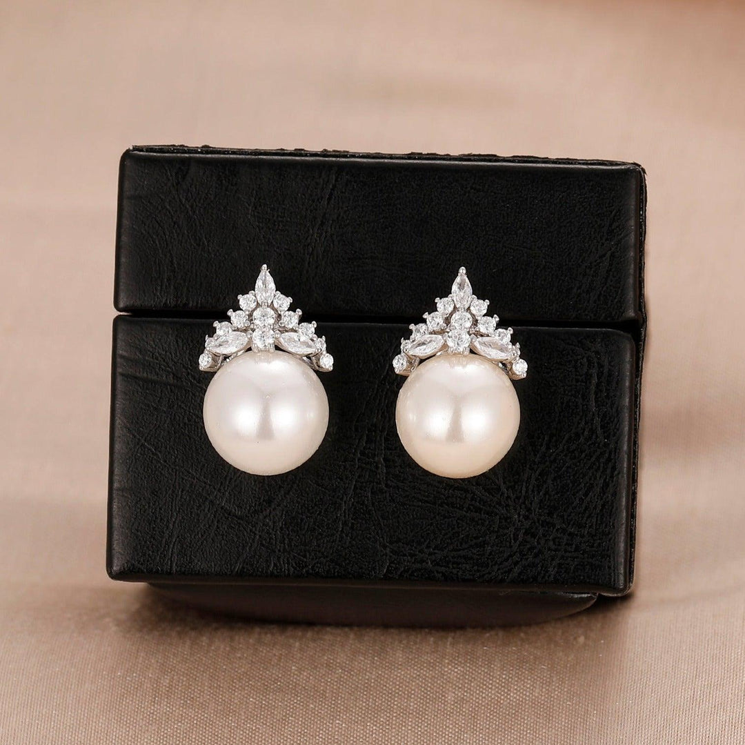 Simulated Diamond Earrings, Natural Shell Pearl 12mm Studs Earrings, Art Deco Silver Earrings - Esdomera