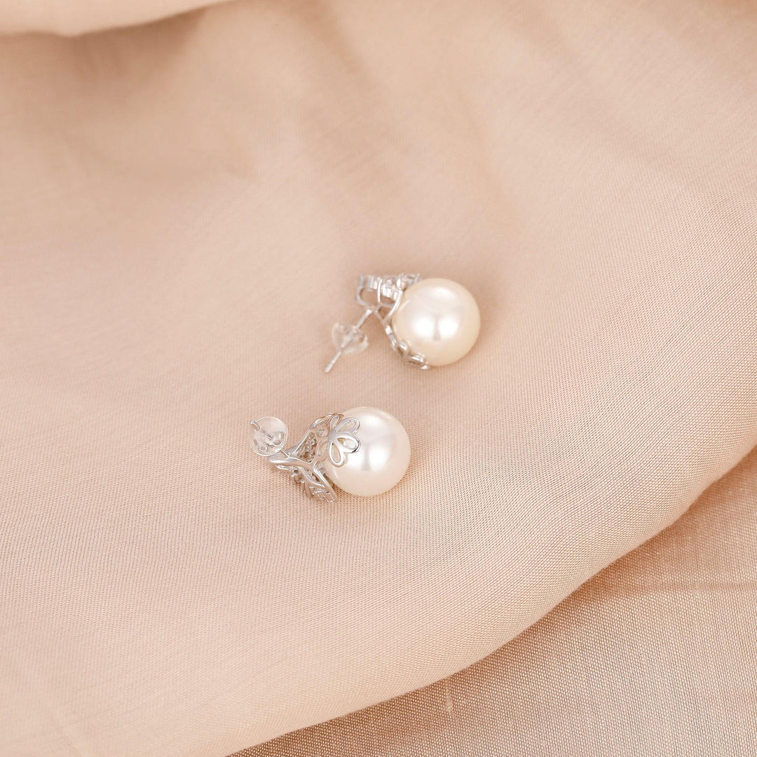 Simulated Diamond Earrings, Natural Shell Pearl 12mm Studs Earrings, Art Deco Silver Earrings - Esdomera