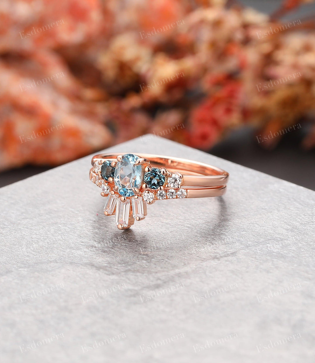 Sky Blue Topaz Wedding Ring Set, Oval Topaz Engagement Ring For Her, Birthday Gifts - Esdomera