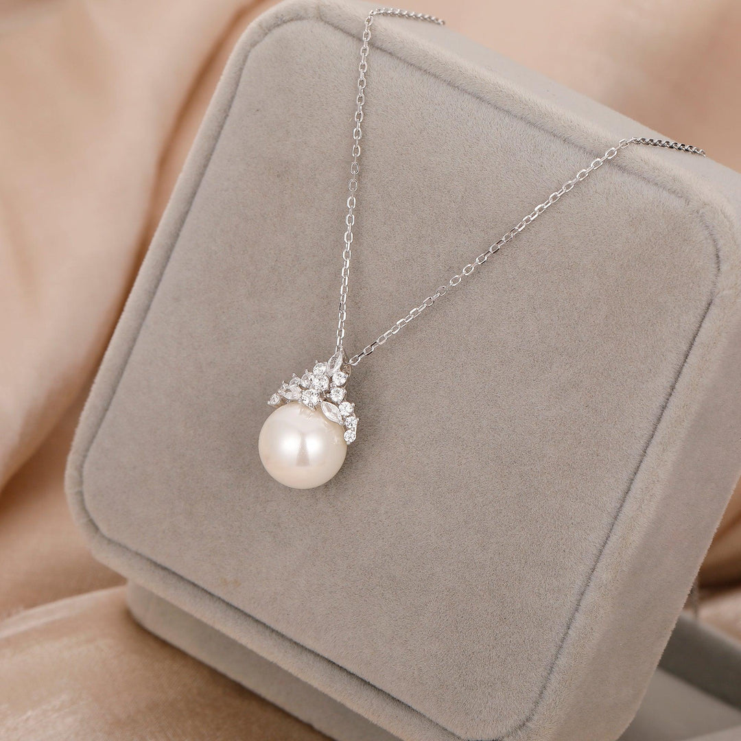 Sterling Silver Necklace, 12mm Round Natural Shell Pearl Necklace, Simulated Diamond Jewelry, Birthday Gifts - Esdomera