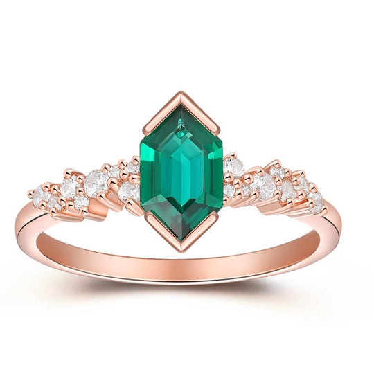 Vintage 1.10CT Long Hexagon Cut Emerald Wedding Ring, Moissanite Cluster Ring, Unique Rose Gold Statement Ring For Women - Esdomera