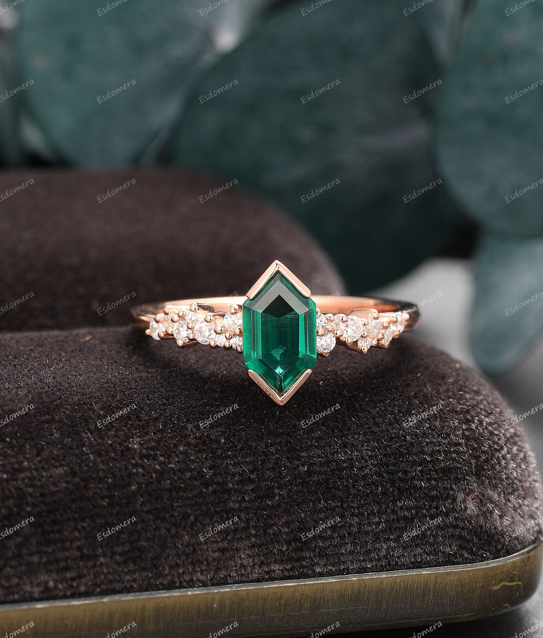 Vintage 1.10CT Long Hexagon Cut Emerald Wedding Ring, Moissanite Cluster Ring, Unique Rose Gold Statement Ring For Women - Esdomera