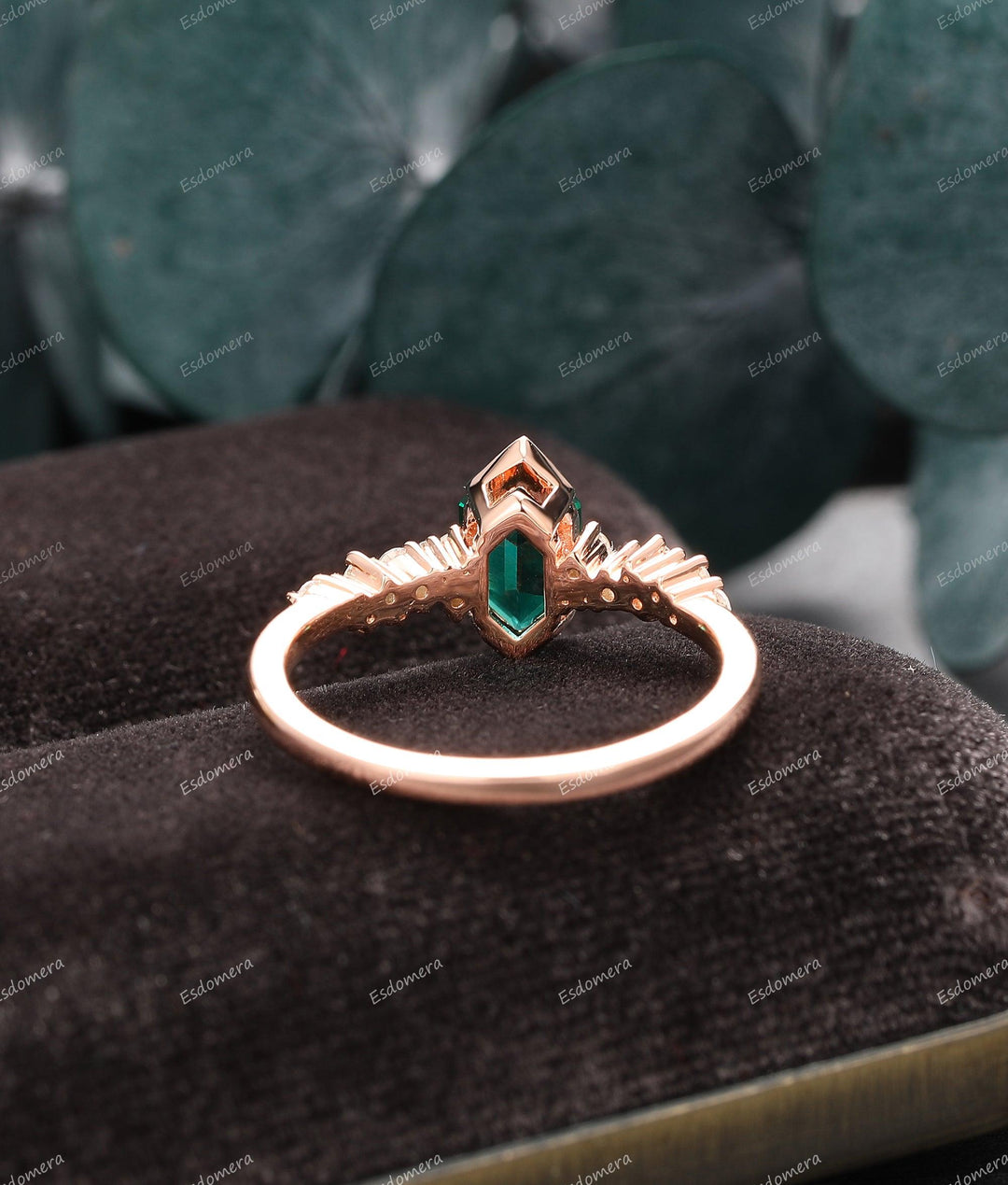 Vintage 1.10CT Long Hexagon Cut Emerald Wedding Ring, Moissanite Cluster Ring, Unique Rose Gold Statement Ring For Women - Esdomera