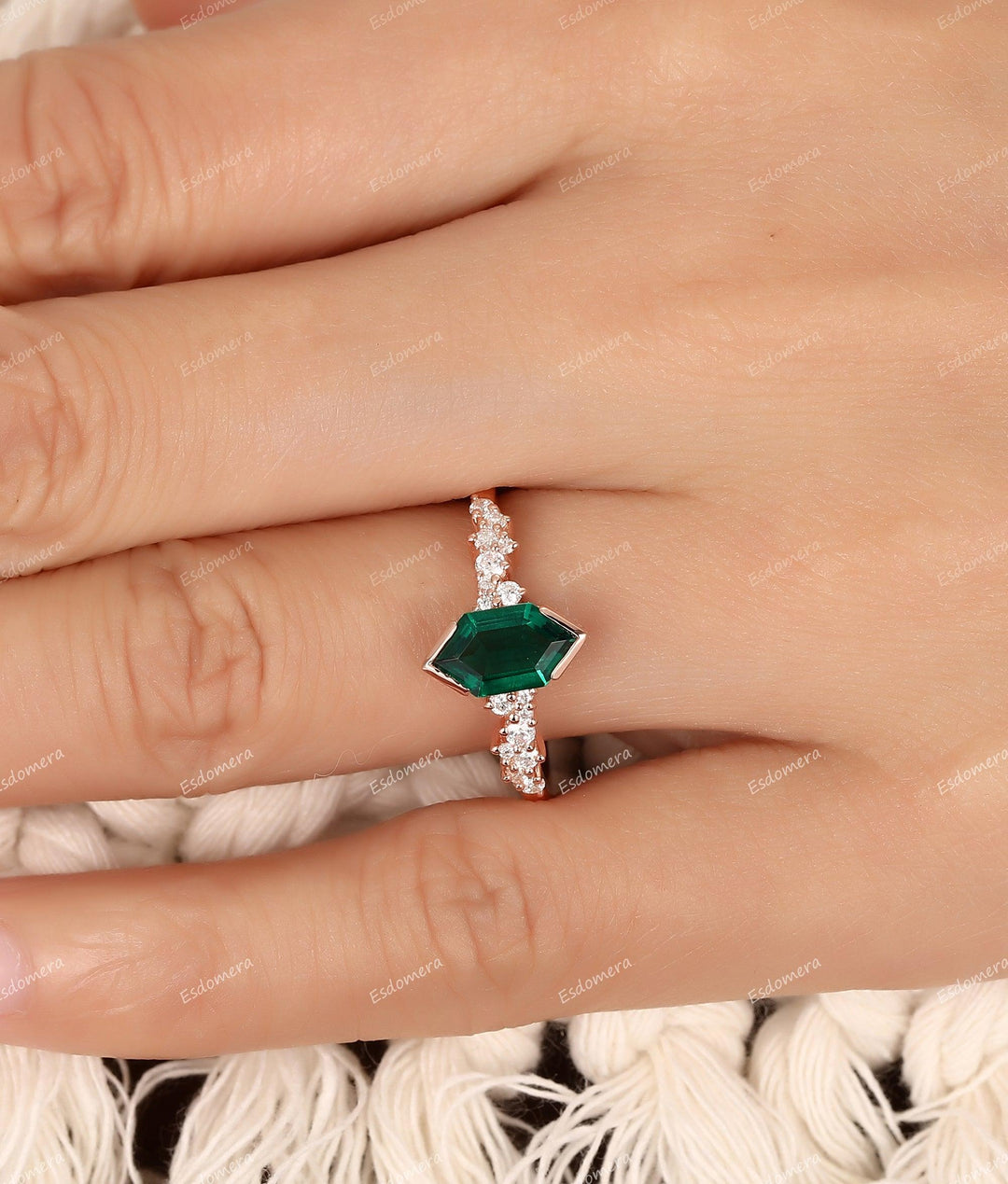 Vintage 1.10CT Long Hexagon Cut Emerald Wedding Ring, Moissanite Cluster Ring, Unique Rose Gold Statement Ring For Women - Esdomera