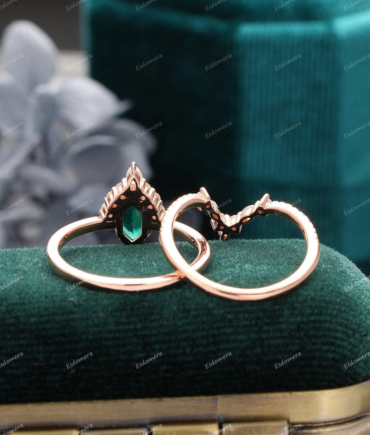 Vintage 1.10CT Long Hexagon Cut Emerald Wedding Ring Set, V Shaped Moissanite Half Eternity Band, 14K Rose Gold Ring Set - Esdomera