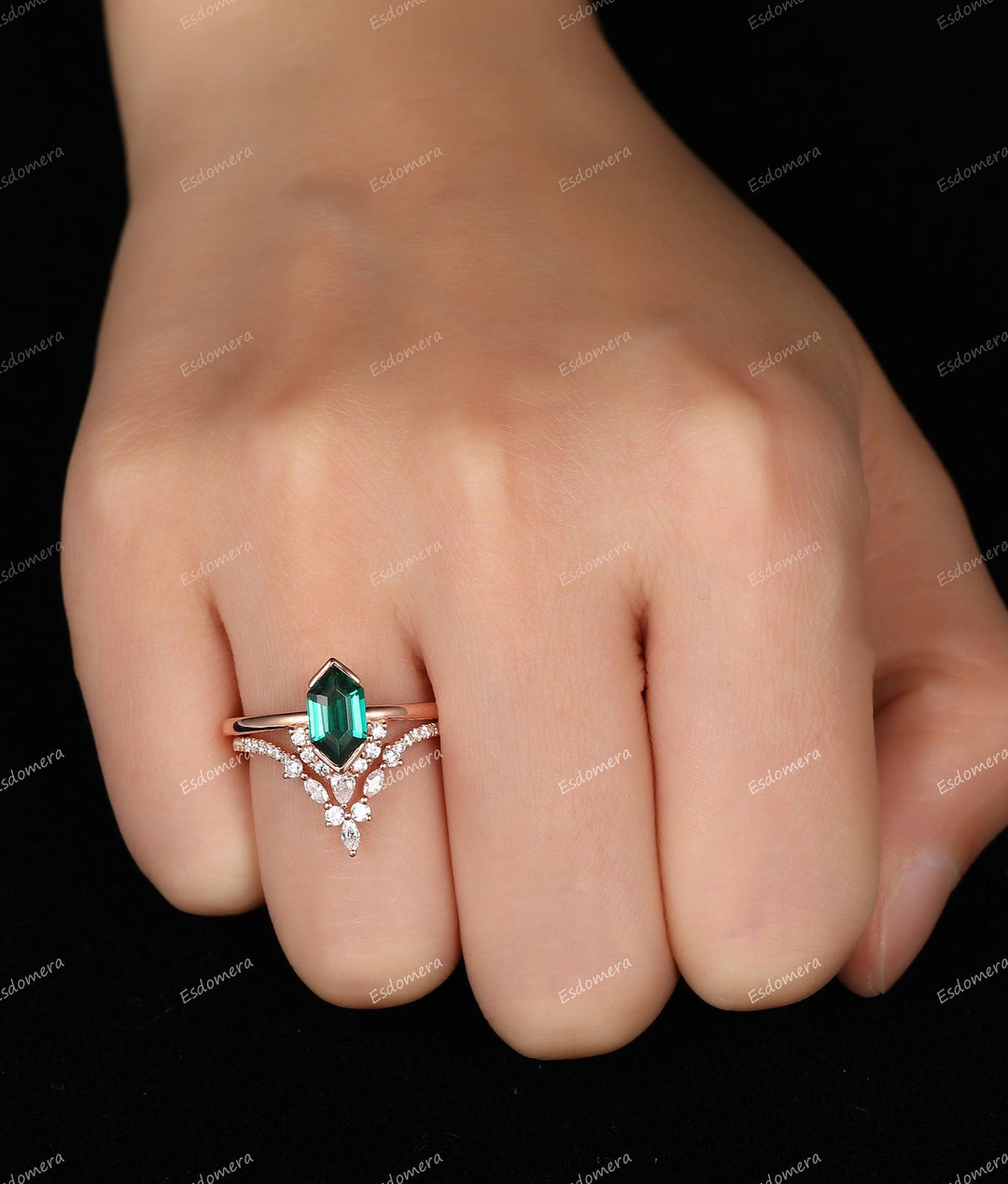Vintage 1.10CT Long Hexagon Cut Emerald Wedding Ring Set, V Shaped Moissanite Half Eternity Band, 14K Rose Gold Ring Set - Esdomera