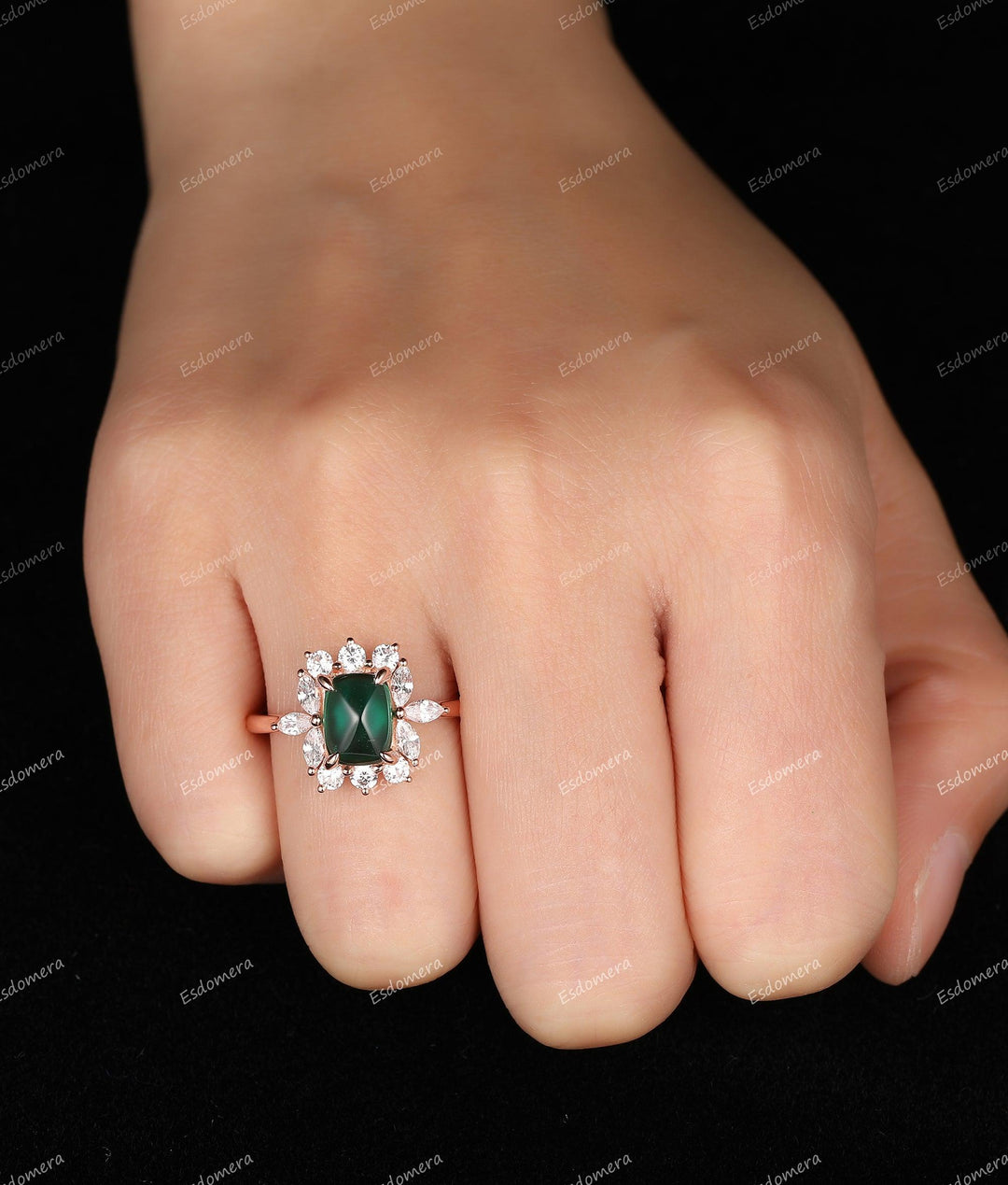 Vintage 1.80CT Long Cushion Sugar Load Cut Emerald Ring, Prong Set Ring, Moissanite Floral Halo Ring, Art Deco 14k Soild Gold Ring For Women - Esdomera