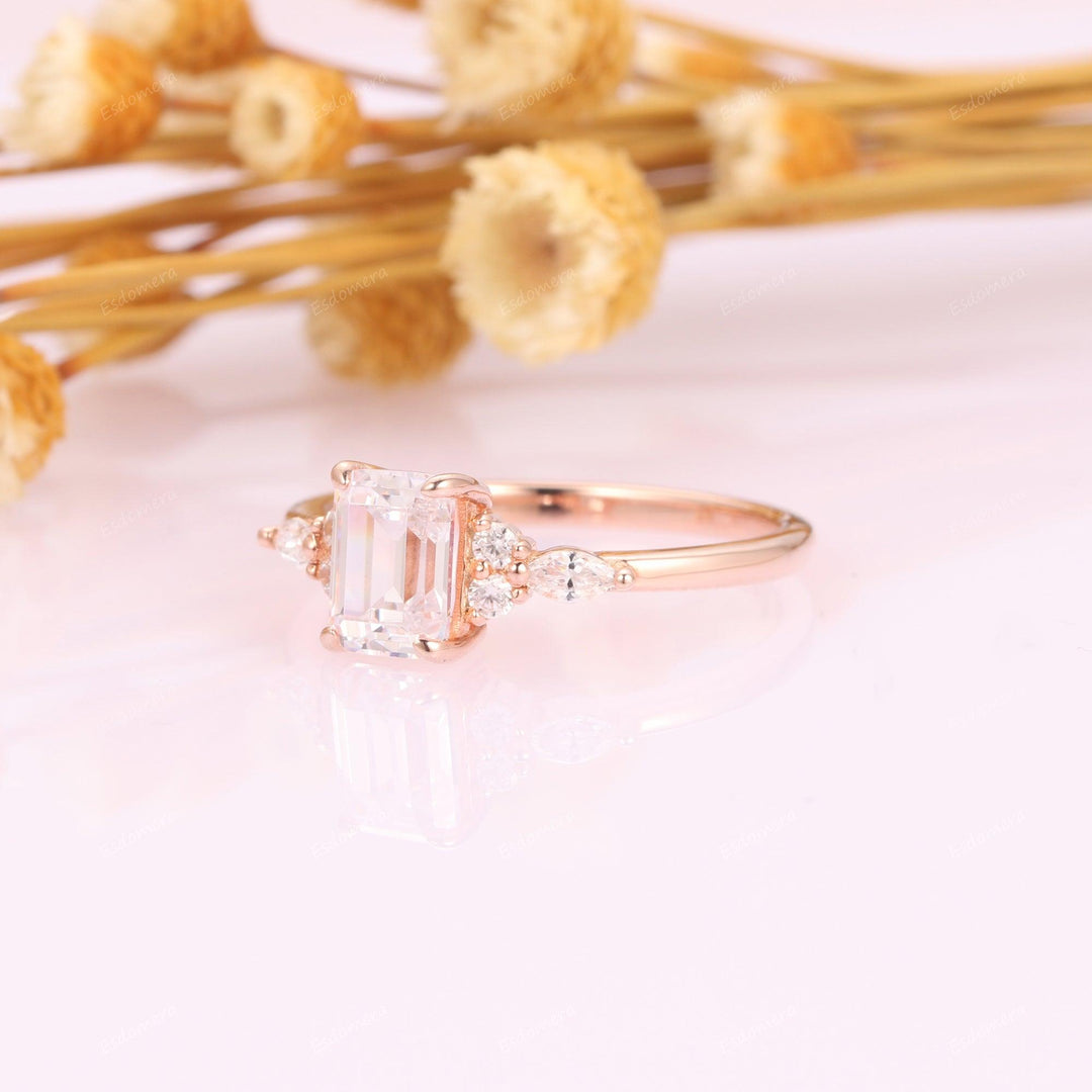 Vintage 5x7mm Emerald Cut Moissanite Wedding Proposal Ring, Art Deco Moissanites Cluster Ring, 14k Rose Gold Promise Engagement Ring - Esdomera