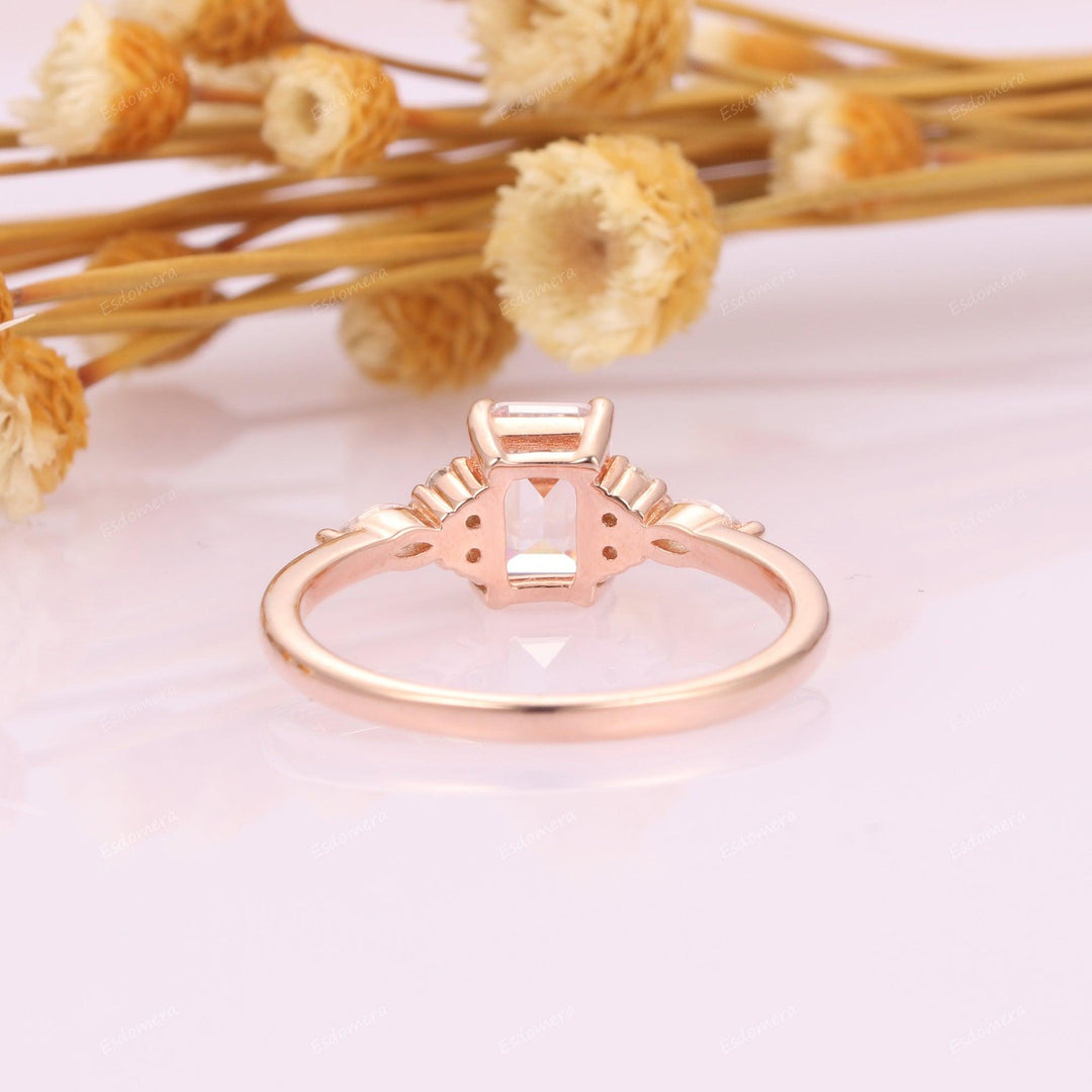 Vintage 5x7mm Emerald Cut Moissanite Wedding Proposal Ring, Art Deco Moissanites Cluster Ring, 14k Rose Gold Promise Engagement Ring - Esdomera