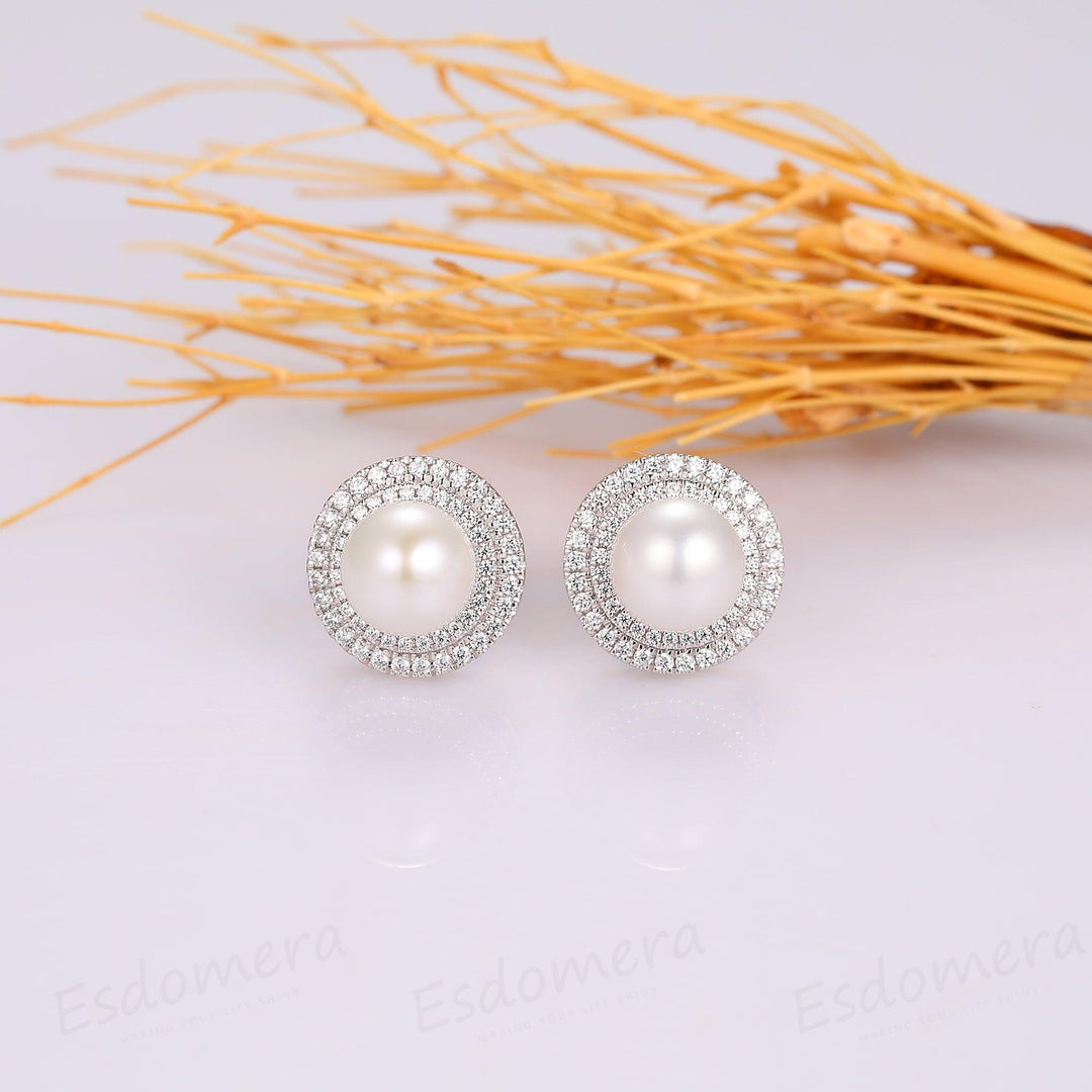 Vintage 7mm Round Shape Natural Pearl Wedding Stud Earrings - Esdomera