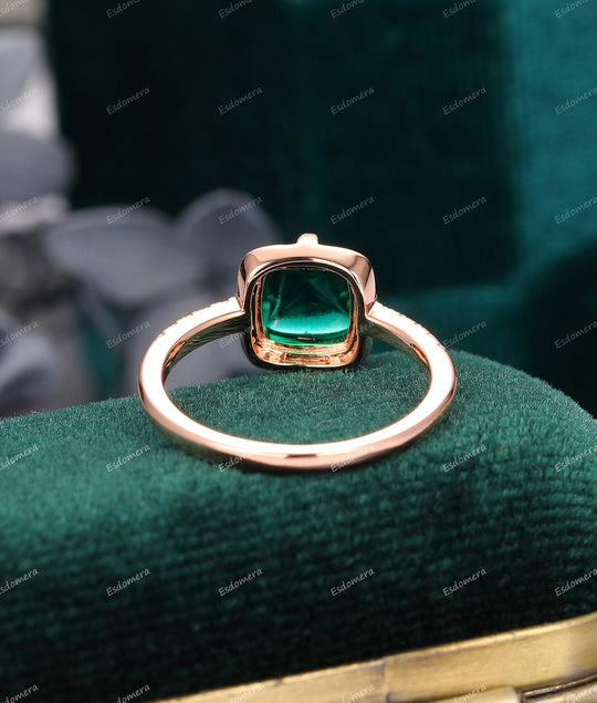 Vintage Cushion Sugar Loaf Cut 7mm Emerald Ring Moissanite Halo Ring 4 Prong Set Rose Gold Ring For Women - Esdomera