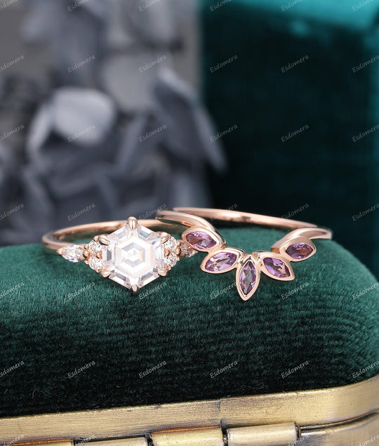 Vintage Hexagon Cut 7mm Moissanite Ring Set Natural Amethyst Wedding Band - Esdomera
