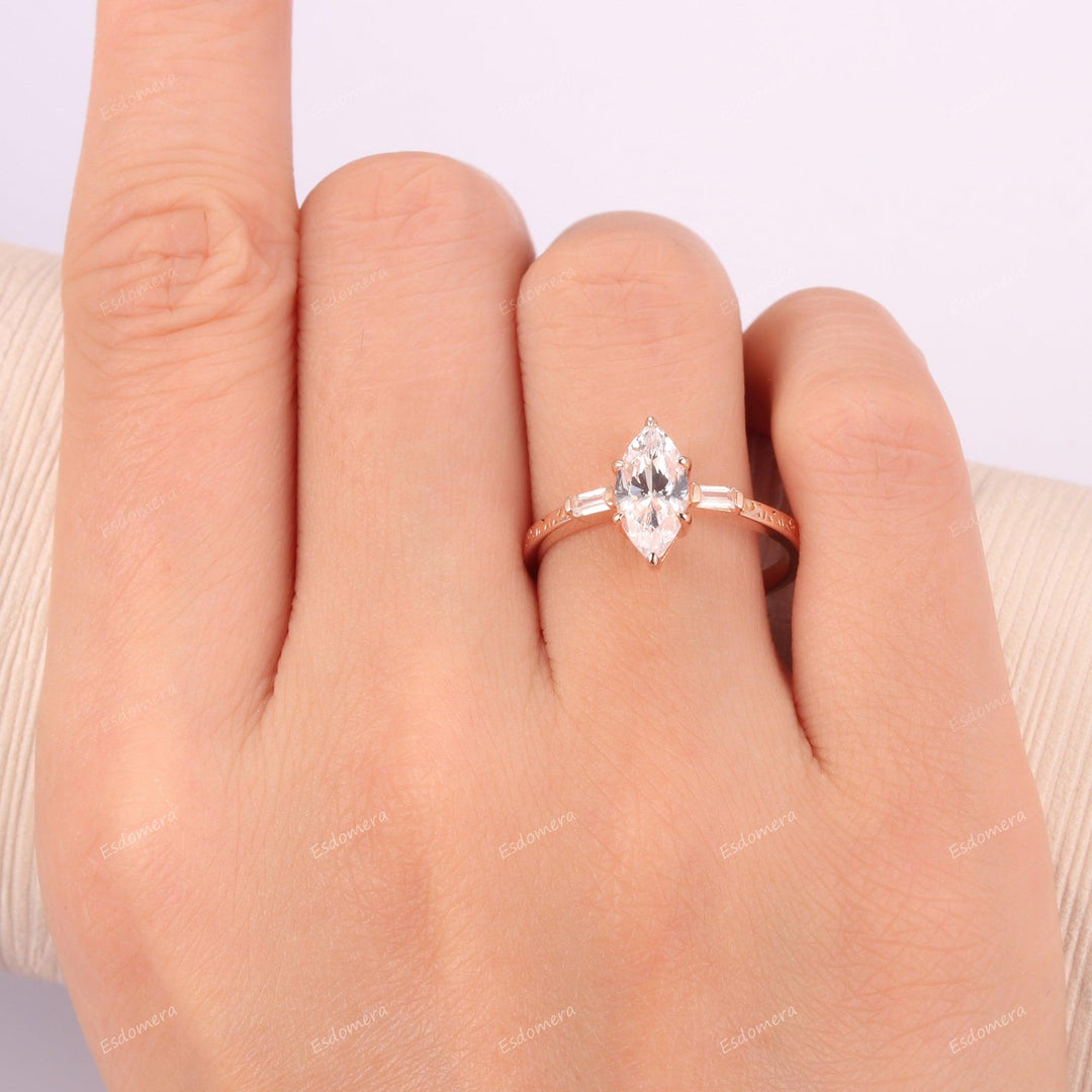 Vintage Prong Set Marquise Cut Moissanite Bridal Ring Classic Engagement Ring For Her - Esdomera