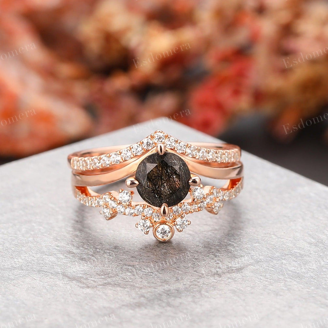 Vintage Round Cut 1CT Black Rutilated Quartz Engagement Ring Set, Moissanite Stacking Band - Esdomera