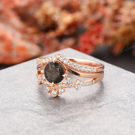 Vintage Round Cut 1CT Black Rutilated Quartz Engagement Ring Set, Moissanite Stacking Band - Esdomera