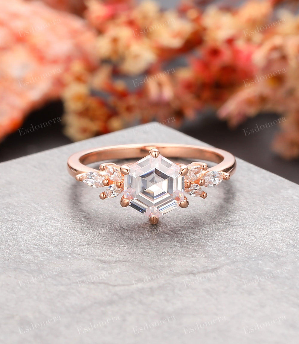 Vintage Unique Marquise Moissanite Cluster Ring, Hexagon Cut 7mm Moissanite Engagement Ring - Esdomera
