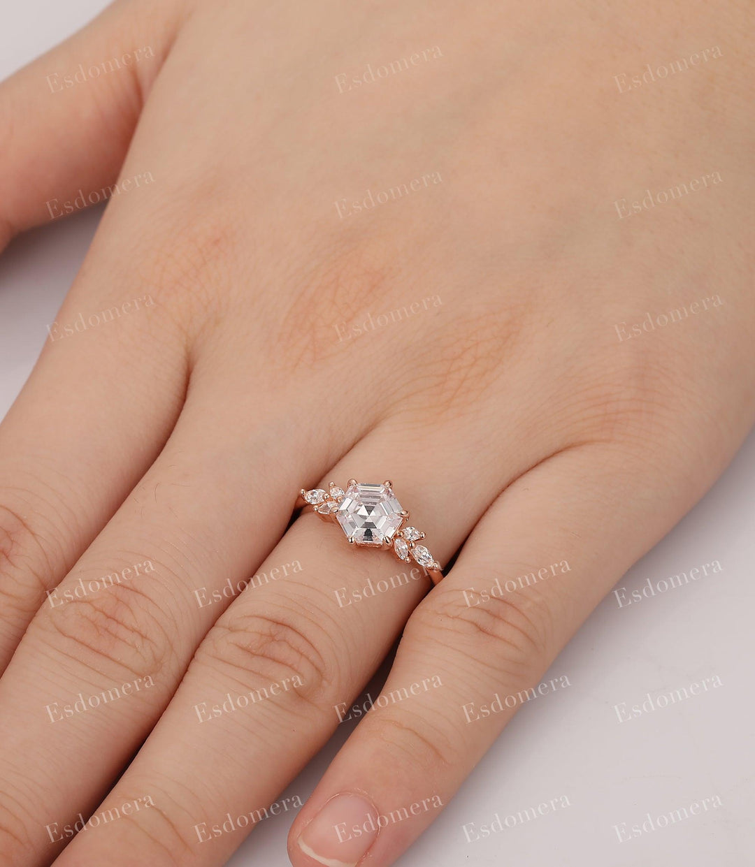 Vintage Unique Marquise Moissanite Cluster Ring, Hexagon Cut 7mm Moissanite Engagement Ring - Esdomera