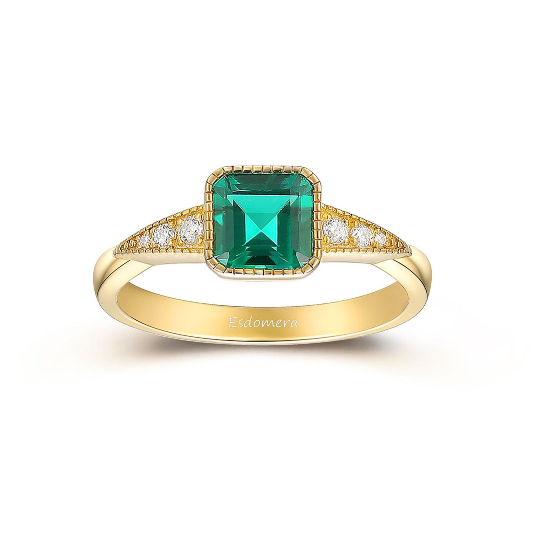 Yellow Gold Asscher Cut Emerald Engagement Ring, Art Deco May Birthstone Ring - Esdomera
