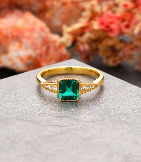 Yellow Gold Asscher Cut Emerald Engagement Ring, Art Deco May Birthstone Ring - Esdomera