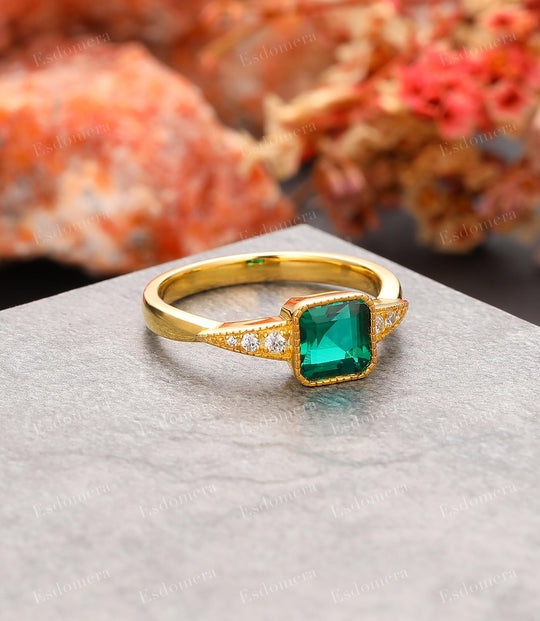 Yellow Gold Asscher Cut Emerald Engagement Ring, Art Deco May Birthstone Ring - Esdomera