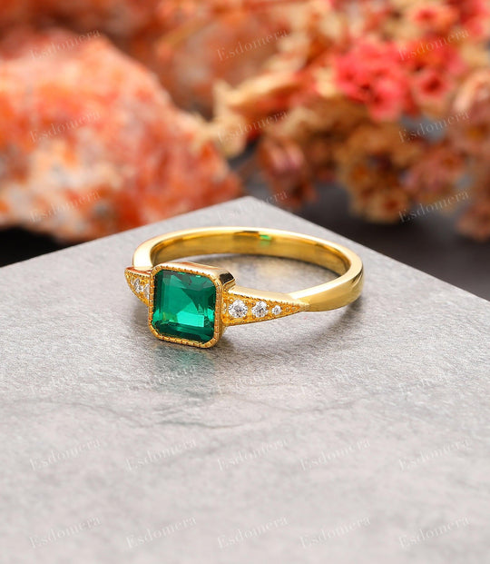 Yellow Gold Asscher Cut Emerald Engagement Ring, Art Deco May Birthstone Ring - Esdomera