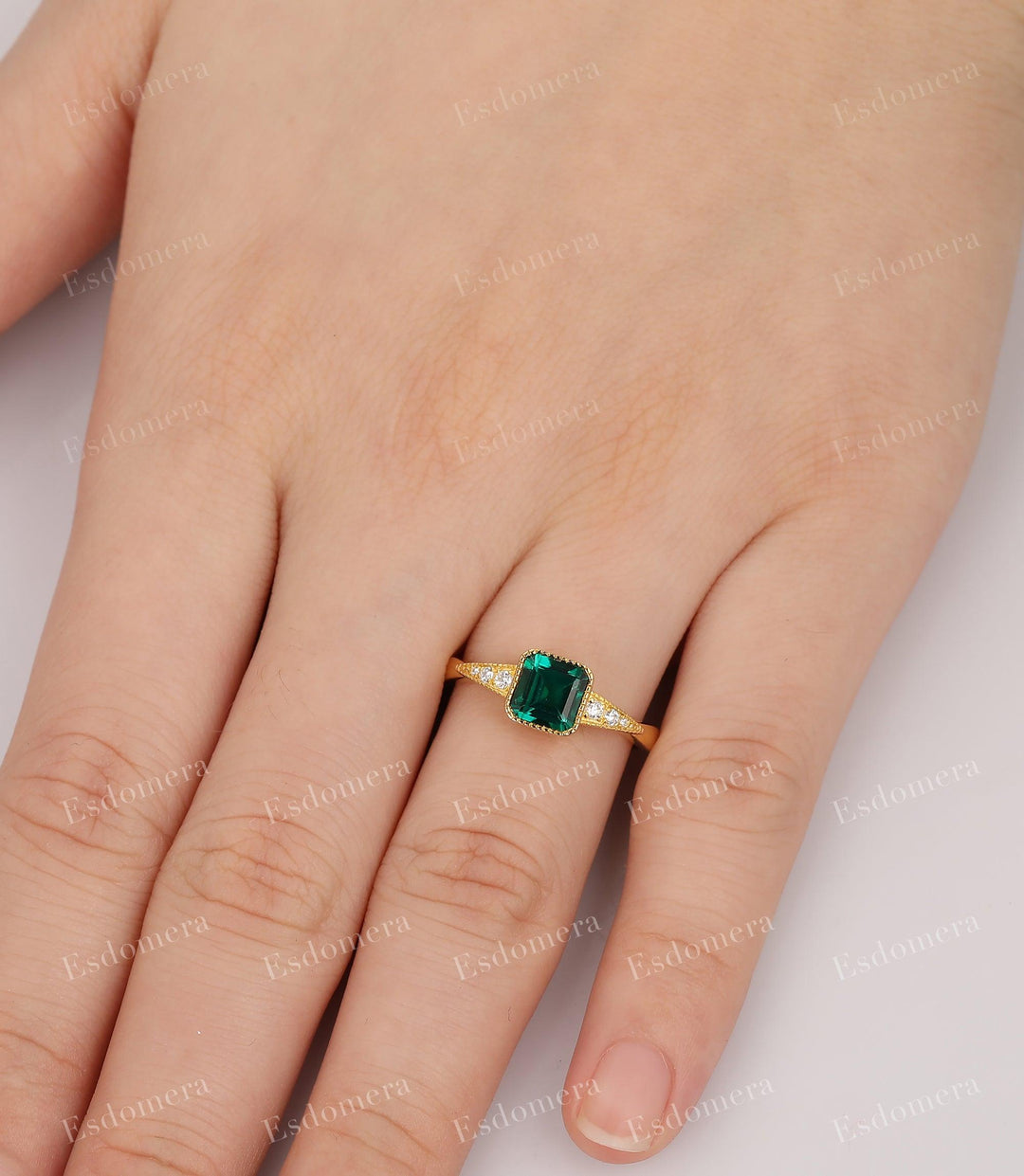 Yellow Gold Asscher Cut Emerald Engagement Ring, Art Deco May Birthstone Ring - Esdomera