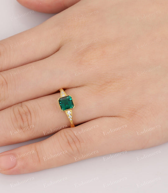 Yellow Gold Asscher Cut Emerald Engagement Ring, Art Deco May Birthstone Ring - Esdomera